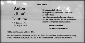 Anzeige von Anton Laurenz von Westfälische Nachrichten