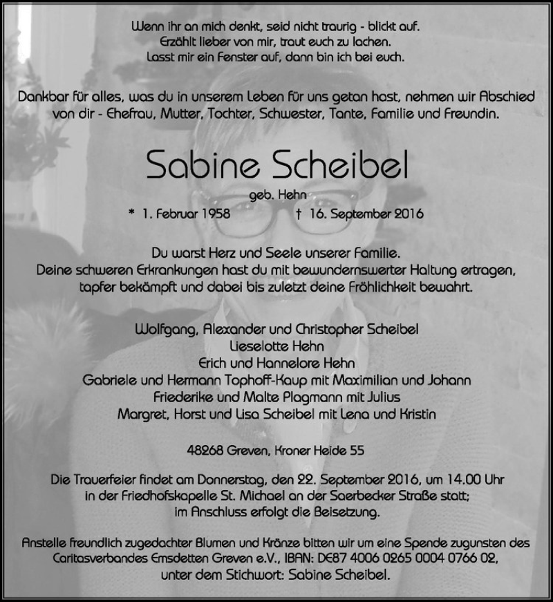  Traueranzeige für Sabine Scheibel vom 20.09.2016 aus Westfälische Nachrichten
