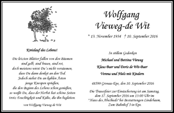 Anzeige von Wolfgang Vieweg-de Wit von Westfälische Nachrichten