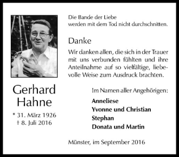 Anzeige von Gerhard Hahne von Westfälische Nachrichten