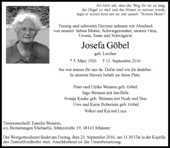 Anzeige von Josefa Göbel von Westfälische Nachrichten