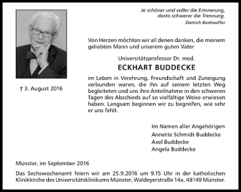 Anzeige von Eckhart Buddecke von Westfälische Nachrichten
