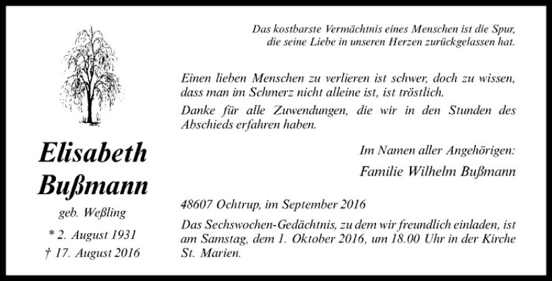  Traueranzeige für Elisabeth Bußmann vom 29.09.2016 aus Westfälische Nachrichten