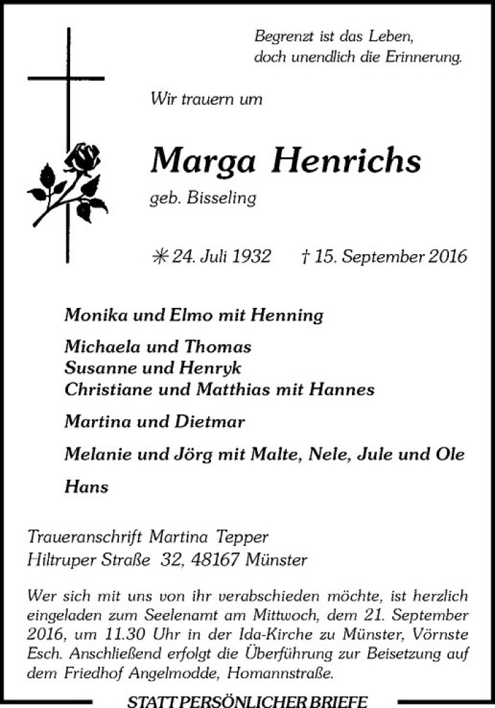  Traueranzeige für Marga Henrichs vom 17.09.2016 aus Westfälische Nachrichten