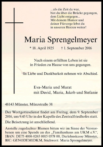 Anzeige von Maria Sprengelmeyer von Westfälische Nachrichten
