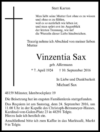 Anzeige von Vinzentia Sax von Westfälische Nachrichten
