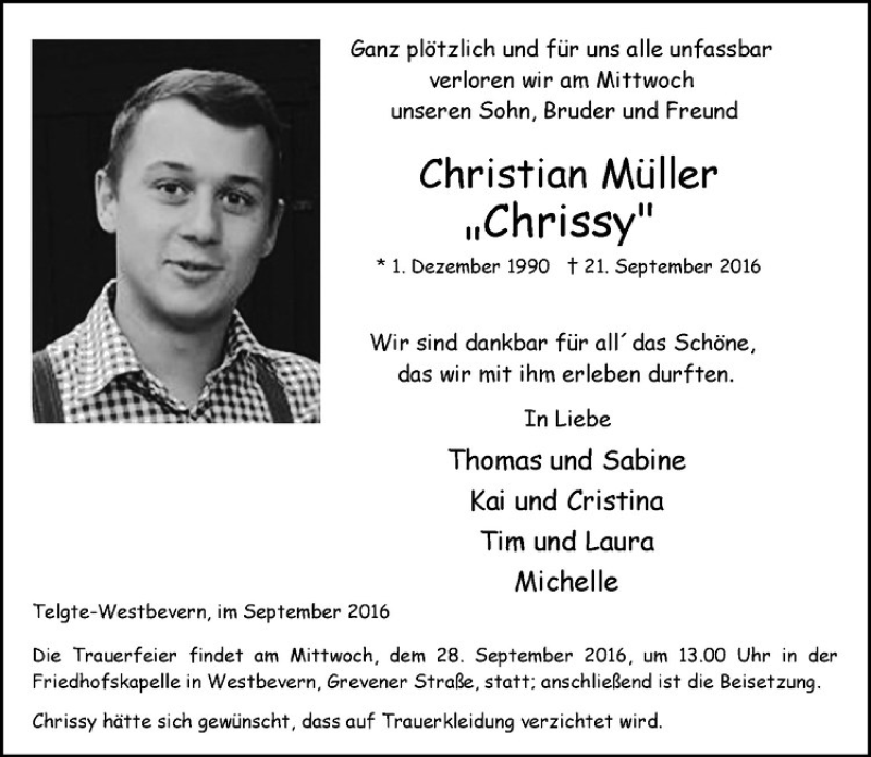  Traueranzeige für Christian Müller vom 24.09.2016 aus Westfälische Nachrichten