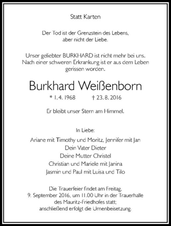 Anzeige von Burkhard Weißenborn von Westfälische Nachrichten