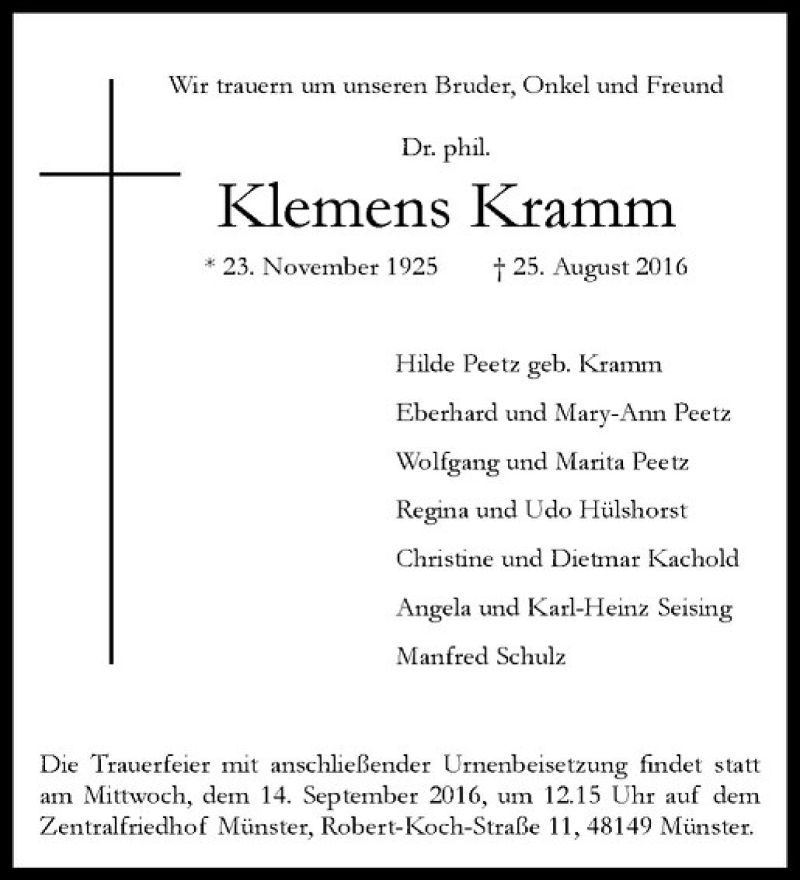  Traueranzeige für Klemens Kramm vom 03.09.2016 aus Westfälische Nachrichten