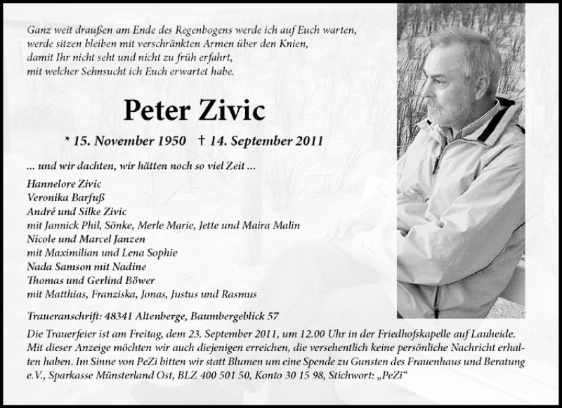  Traueranzeige für Peter Zivic vom 21.09.2011 aus Westfälische Nachrichten