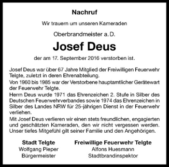 Anzeige von Josef Deus von Westfälische Nachrichten
