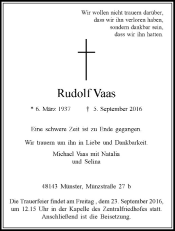 Anzeige von Rudolf Vaas von Westfälische Nachrichten