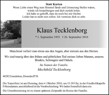 Anzeige von Klaus Tecklenborg von Westfälische Nachrichten