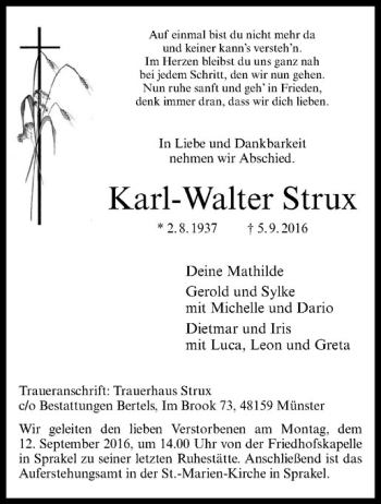 Anzeige von Karl-Walter Strux von Westfälische Nachrichten