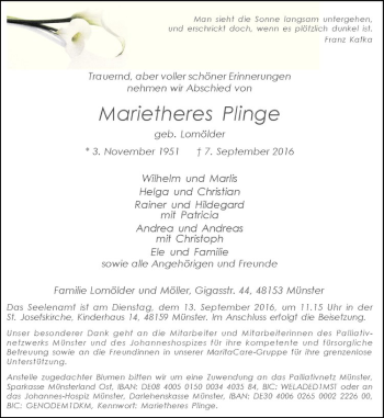 Anzeige von Marietheres Plinge von Westfälische Nachrichten