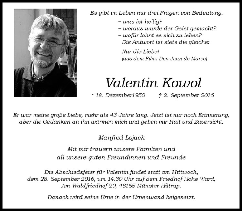  Traueranzeige für Valentin Kowol vom 10.09.2016 aus Westfälische Nachrichten