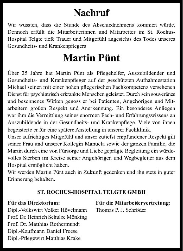  Traueranzeige für Martin Pünt vom 19.09.2015 aus Westfälische Nachrichten
