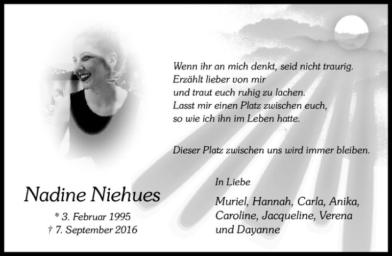  Traueranzeige für Nadine Niehues vom 10.09.2016 aus Westfälische Nachrichten