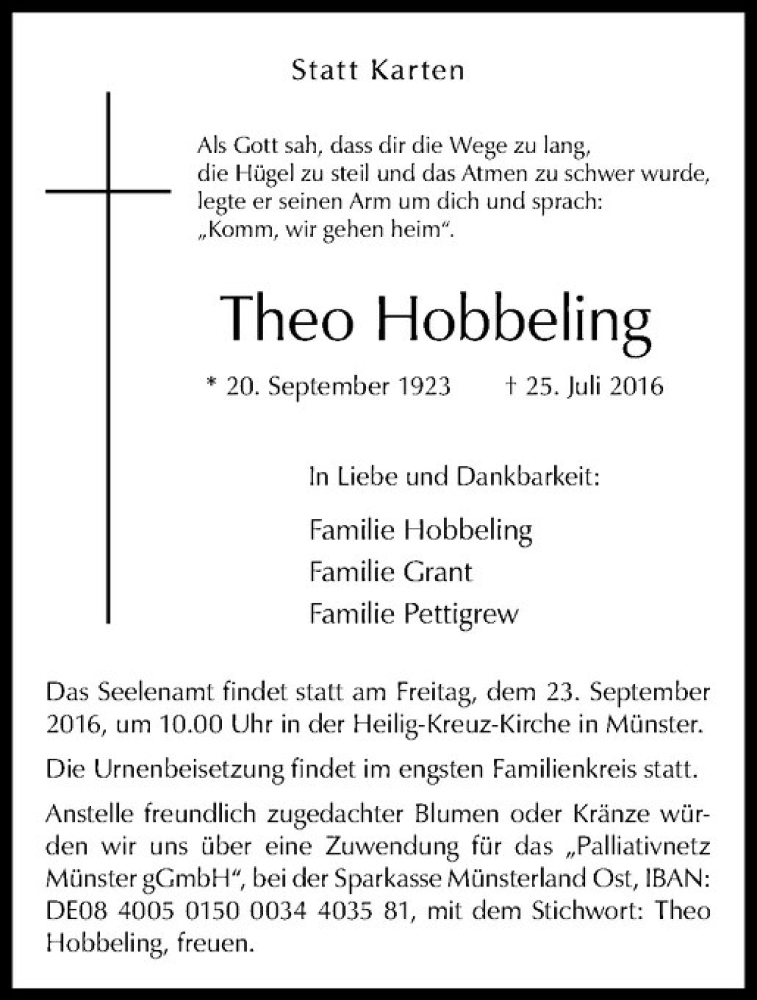  Traueranzeige für Theo Hobbeling vom 17.09.2016 aus Westfälische Nachrichten