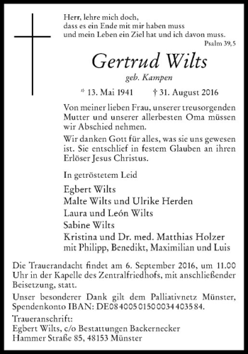 Anzeige von Gertrud Wilts von Westfälische Nachrichten