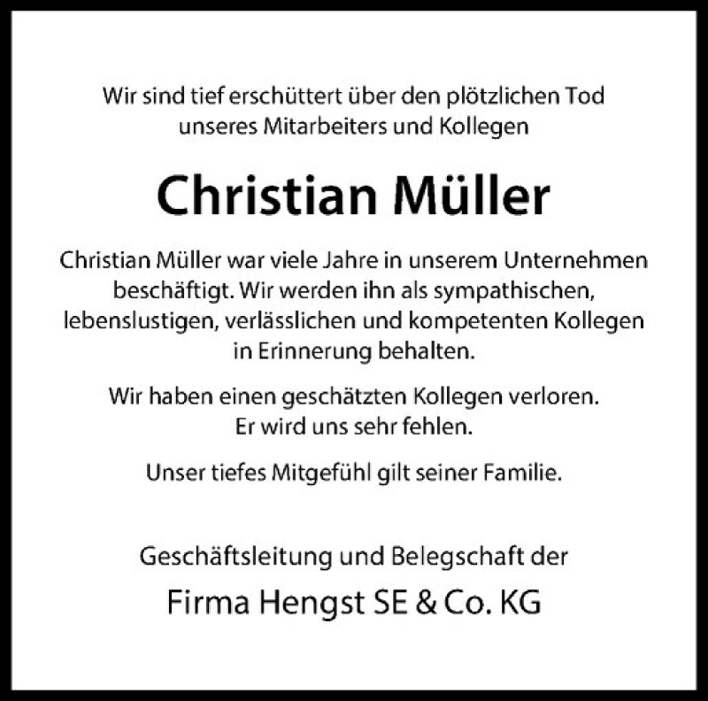  Traueranzeige für Christian Müller vom 28.09.2016 aus Westfälische Nachrichten