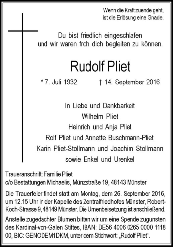 Anzeige von Rudolf Pliet von Westfälische Nachrichten