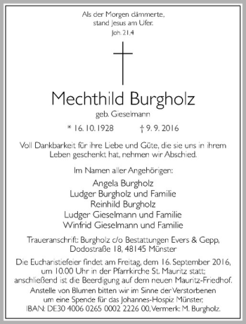 Anzeige von Mechthild Burgholz von Westfälische Nachrichten