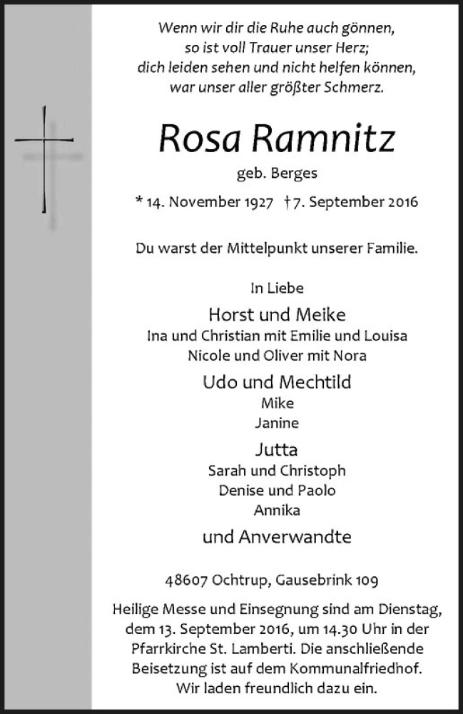  Traueranzeige für Rosa Ramnitz vom 09.09.2016 aus Westfälische Nachrichten
