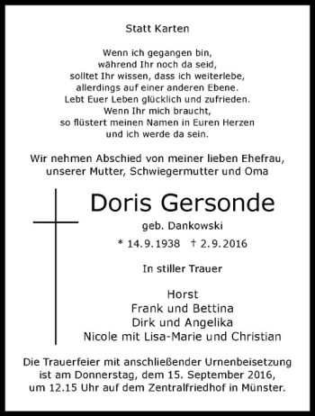 Anzeige von Doris Gersonde von Westfälische Nachrichten