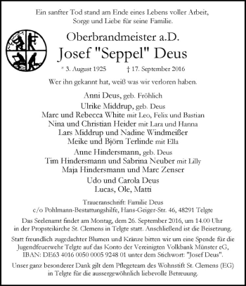 Anzeige von Josef Deus von Westfälische Nachrichten