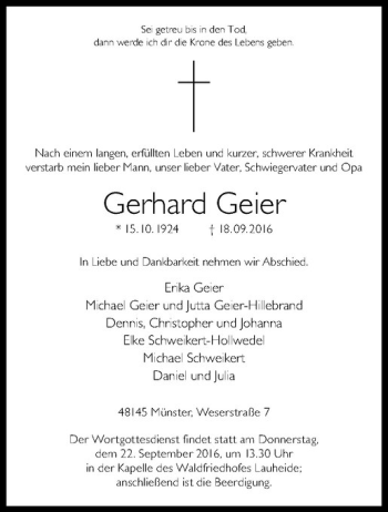 Anzeige von Gerhard Geier von Westfälische Nachrichten