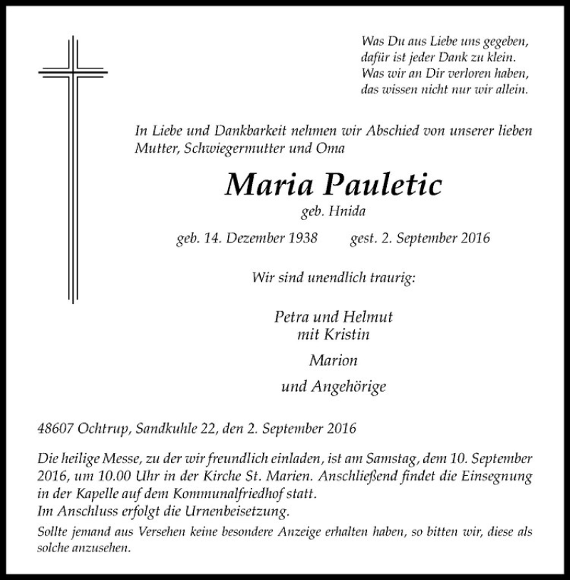  Traueranzeige für Maria Pauletic vom 07.09.2016 aus Westfälische Nachrichten