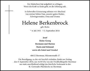 Anzeige von Helene Berkenbrock von Westfälische Nachrichten