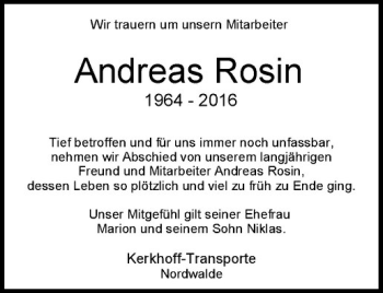 Anzeige von Andreas Rosin von Westfälische Nachrichten
