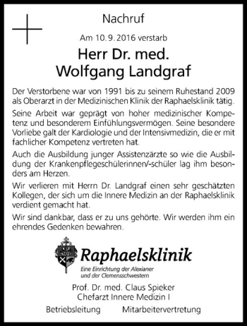 Anzeige von Wolfgang Landgraf von Westfälische Nachrichten