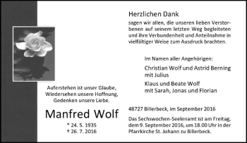 Anzeige von Manfred Wolf von Westfälische Nachrichten