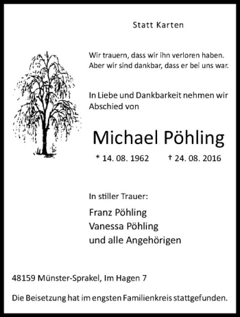 Anzeige von Michael Pöhling von Westfälische Nachrichten