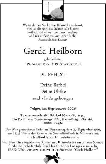 Anzeige von Gerda Heilborn von Westfälische Nachrichten