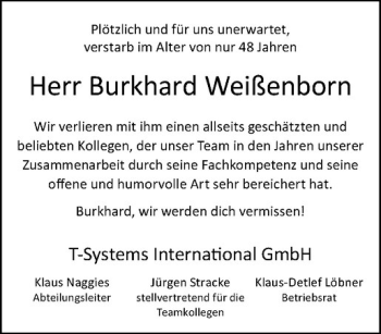 Anzeige von Burkhard Weißenborn von Westfälische Nachrichten