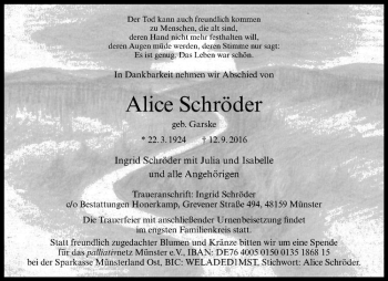 Anzeige von Alice Schröder von Westfälische Nachrichten