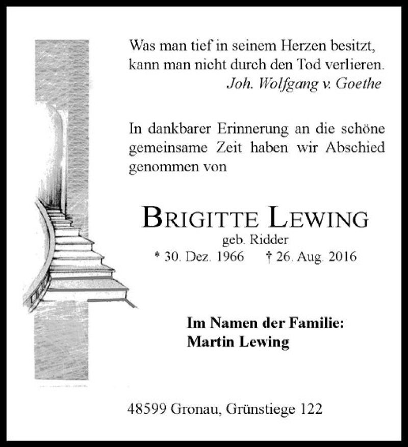  Traueranzeige für Brigitte Lewing vom 08.09.2016 aus Westfälische Nachrichten