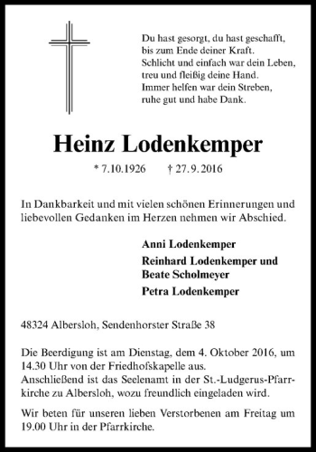 Anzeige von Heinz Lodenkemper von Westfälische Nachrichten