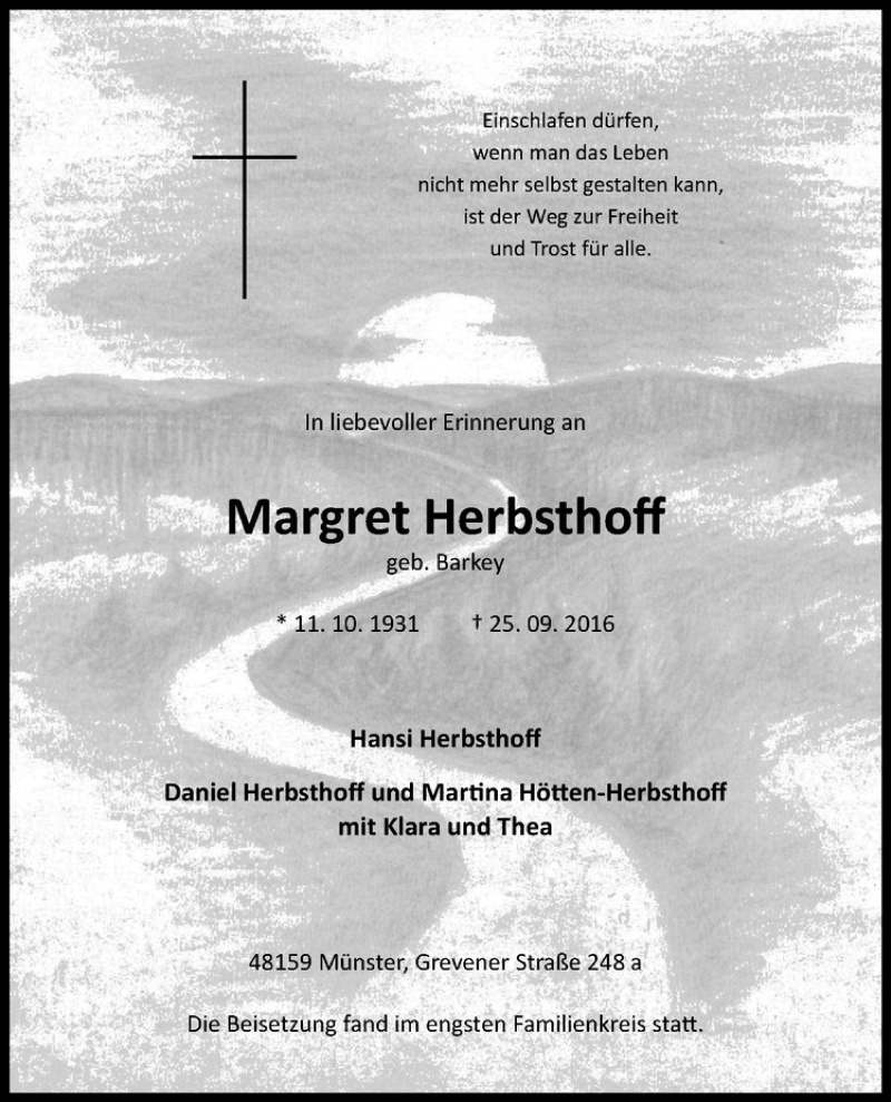  Traueranzeige für Margret Herbsthoff vom 30.09.2016 aus Westfälische Nachrichten