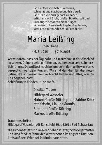 Anzeige von Maria Leißing von Westfälische Nachrichten