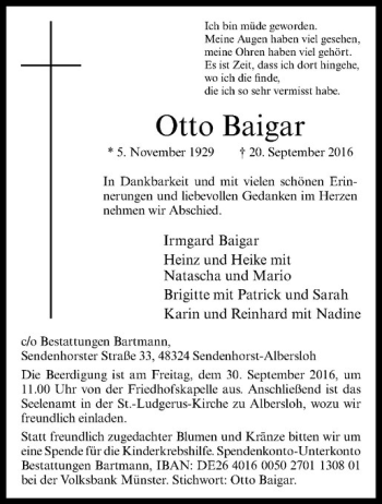 Anzeige von Otto Baigar von Westfälische Nachrichten