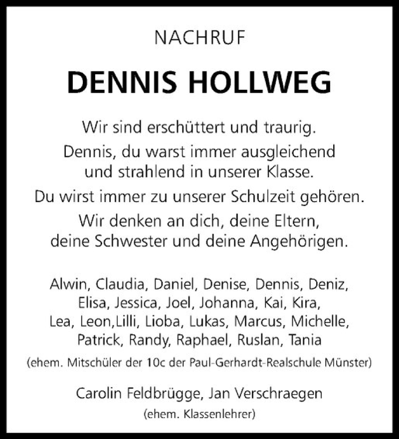 Traueranzeige für Dennis Hollweg vom 03.09.2016 aus Westfälische Nachrichten