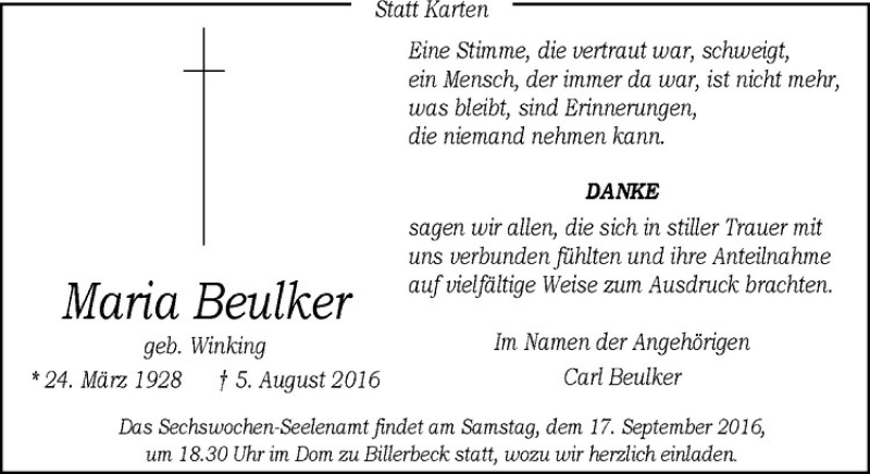  Traueranzeige für Maria Beulker vom 14.09.2016 aus Westfälische Nachrichten