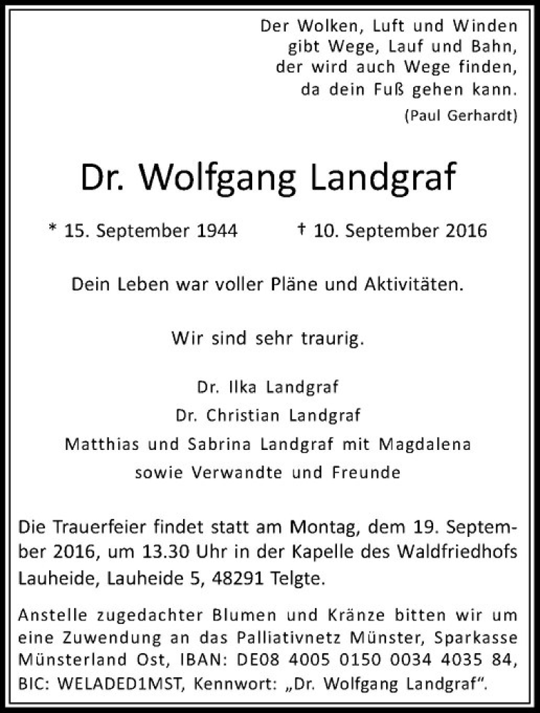  Traueranzeige für Wolfgang Landgraf vom 14.09.2016 aus Westfälische Nachrichten