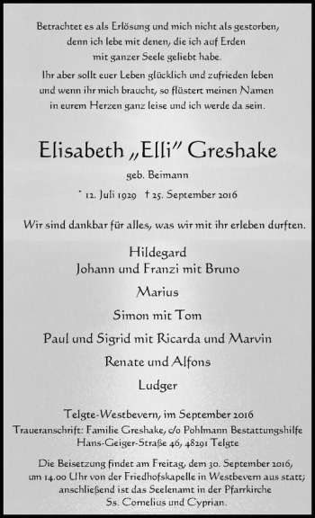 Anzeige von Elisabeth Greshake von Westfälische Nachrichten