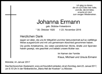 Anzeige von Johanna Ermann von Westfälische Nachrichten